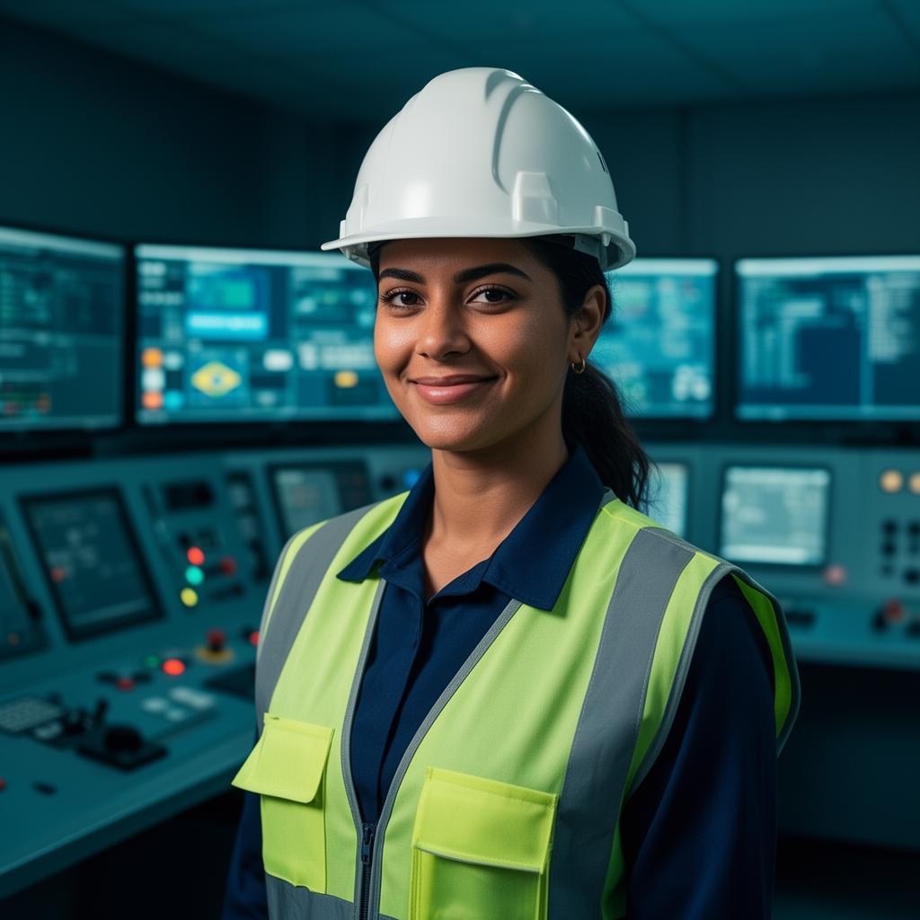 Operadora industrial com EPI em sala de controle